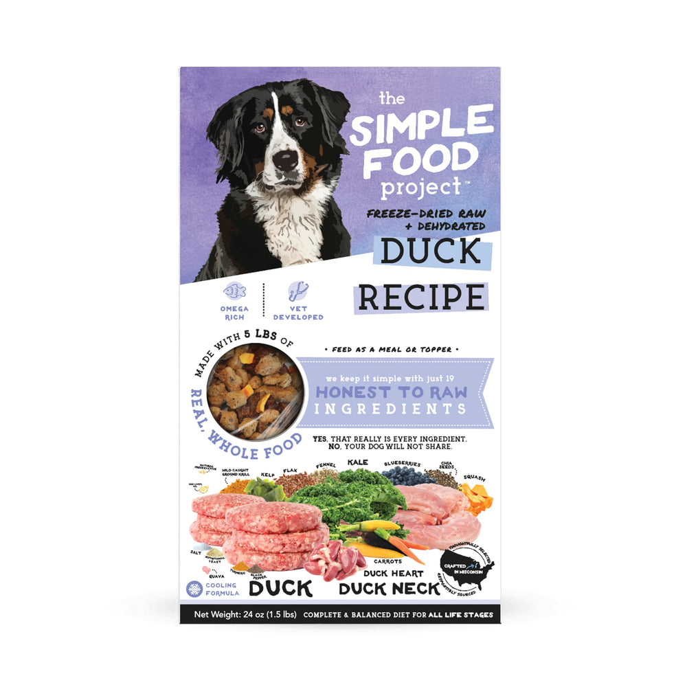 Simple Food Project duck recipe bag closeup, showcasing convenient freeze-dried raw nutrition.
