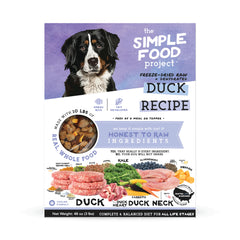 Simple Food Project Duck Recipe packaging close-up highlights value and easy storage for dog meals