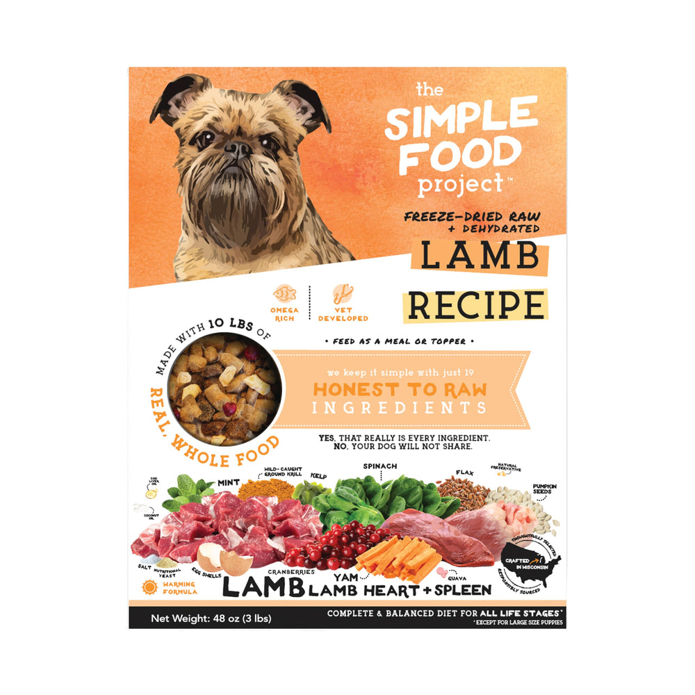 Simple Food Project lamb recipe 48oz bag closeup, freeze-dried bites for convenient, budget-friendly dog meals.