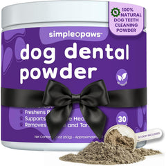Simple Paws dental powder bottle ready for daily dog teeth cleaning routine