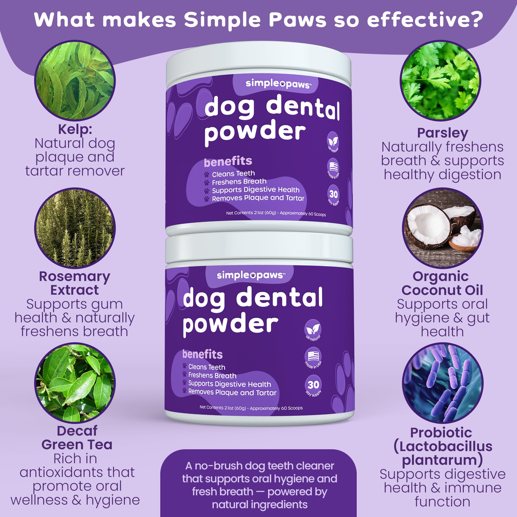 Simple Paws powder poured into dog food illustrates stress free dental routine