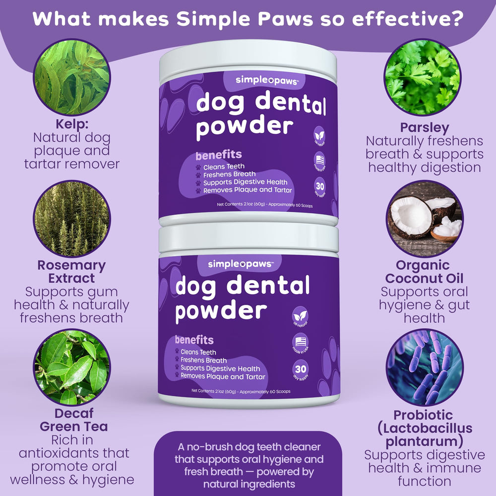 Simple Paws powder poured into dog food illustrates stress free dental routine