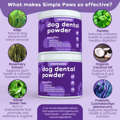 Simple Paws powder poured into dog food illustrates stress free dental routine