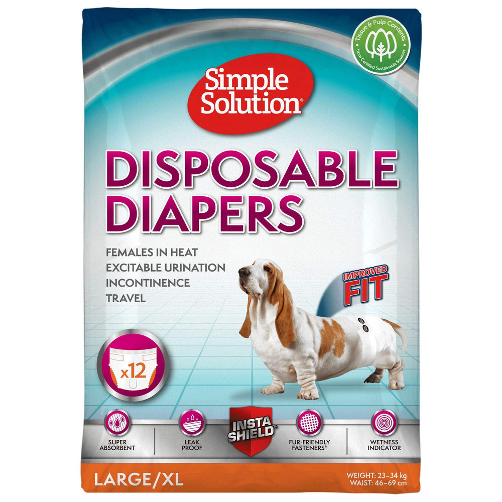 Simple Solution dog diapers large pack close-up showing secure fit for female dogs