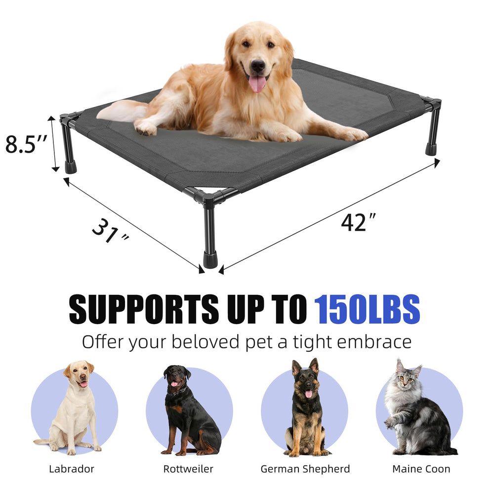 Simple Trending elevated dog bed assembly tip image emphasizes simple setup steps