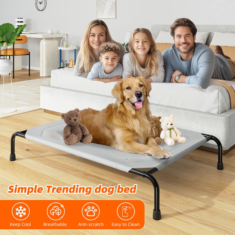 Simple Trending raised dog bed assembly-durability showing sturdy frame and two-person setup.