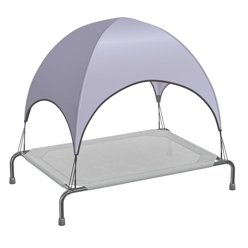 Simple Trending raised dog bed with canopy being assembled for quick setup.