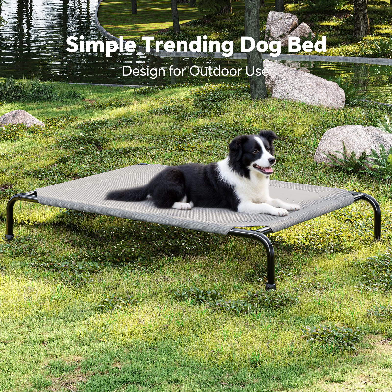 Simple Trending raised dog bed waterproof-cover emphasizing moisture protection on wet surfaces.