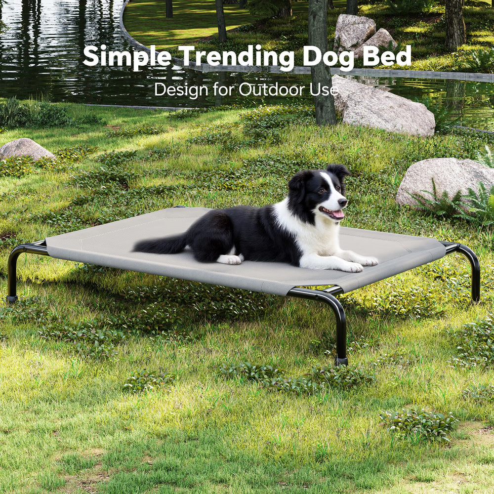 Simple Trending raised dog bed waterproof-cover emphasizing moisture protection on wet surfaces.