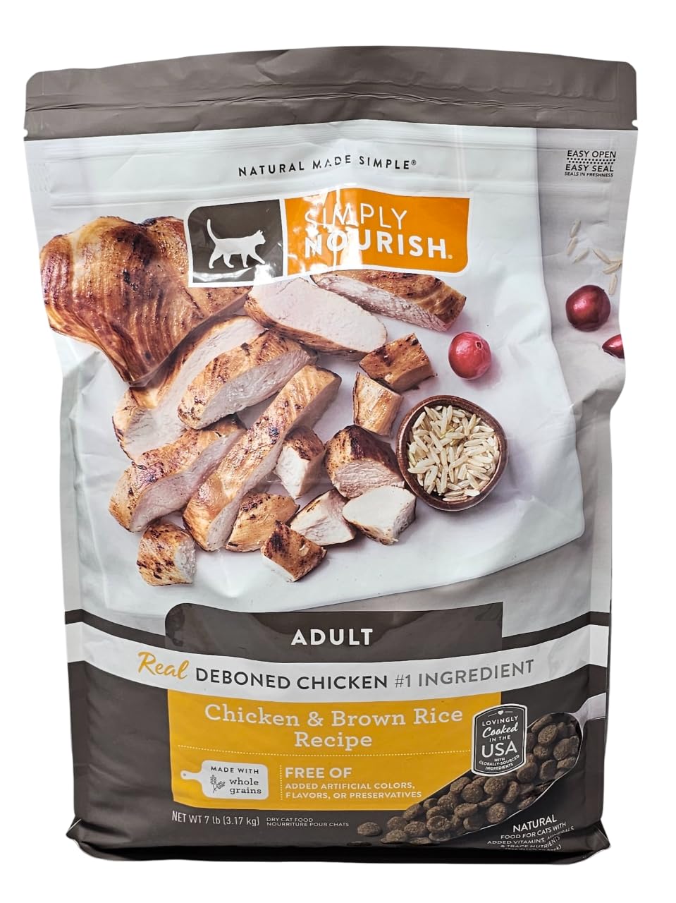 SIMPLY NOURISH adult chicken and brown rice dry cat food front bag shows real chicken first ingredient.