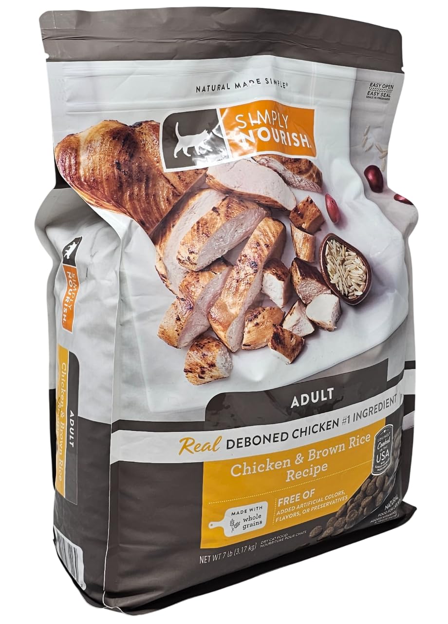 SIMPLY NOURISH bag side view highlights wholesome grains and no corn, wheat, or soy.