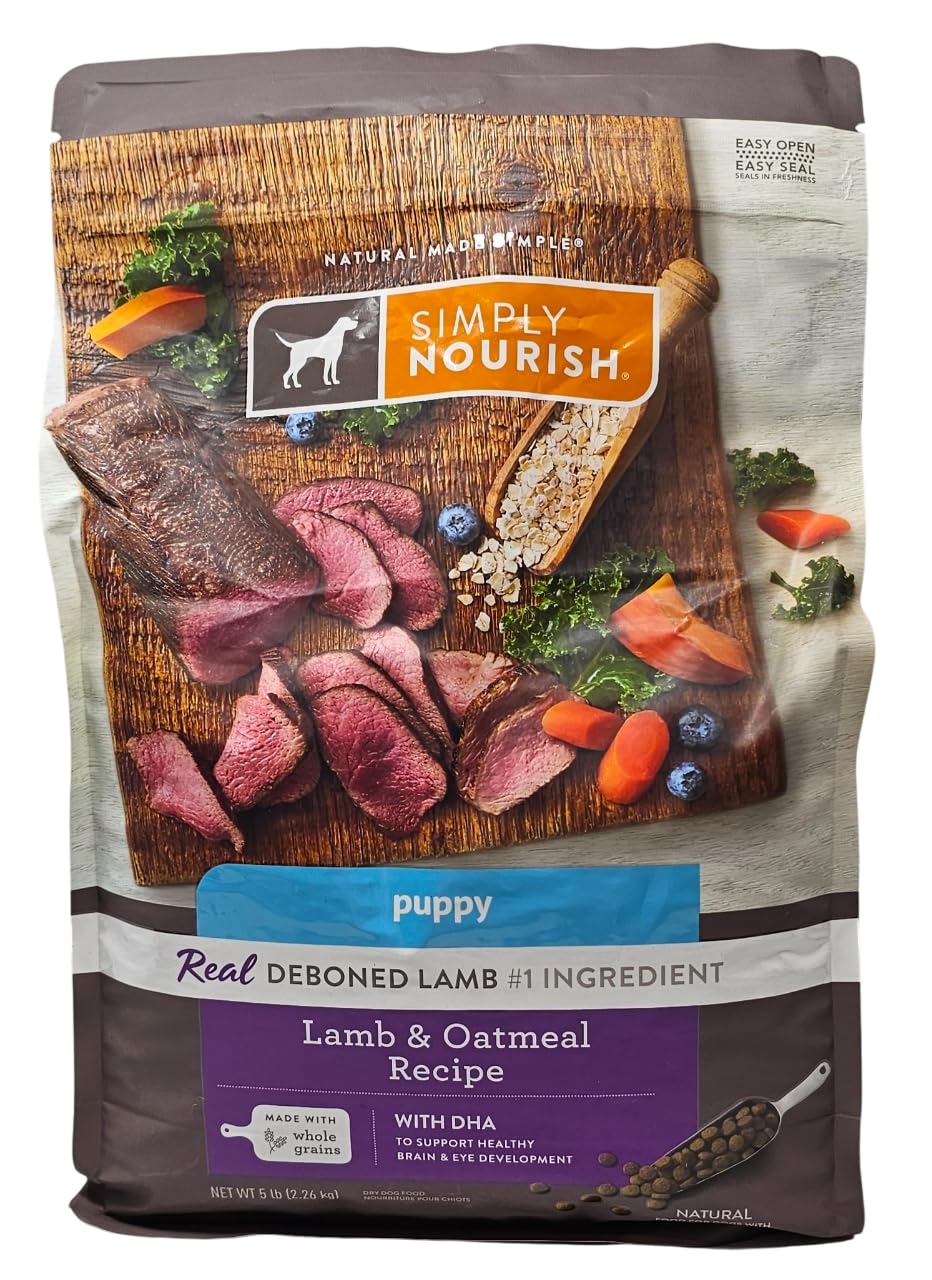 SIMPLY NOURISH puppy lamb and oatmeal dry food bag showing resealability for freshness.