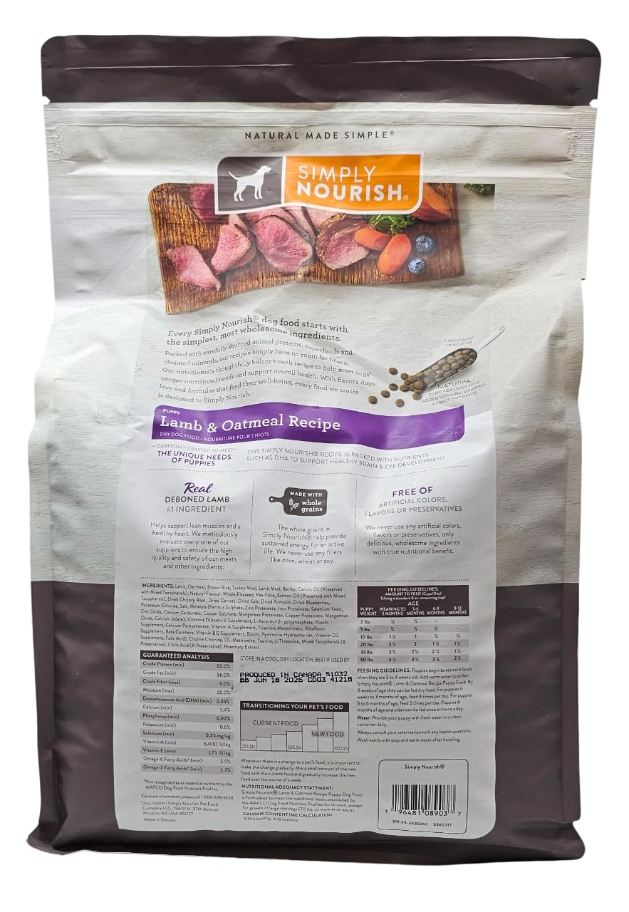 SIMPLY NOURISH ingredients highlight lamb and oats for balanced puppy nutrition.