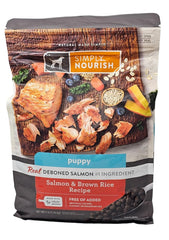 SIMPLY NOURISH puppy salmon brown rice dry dog food 5lb bag supports healthy growth.