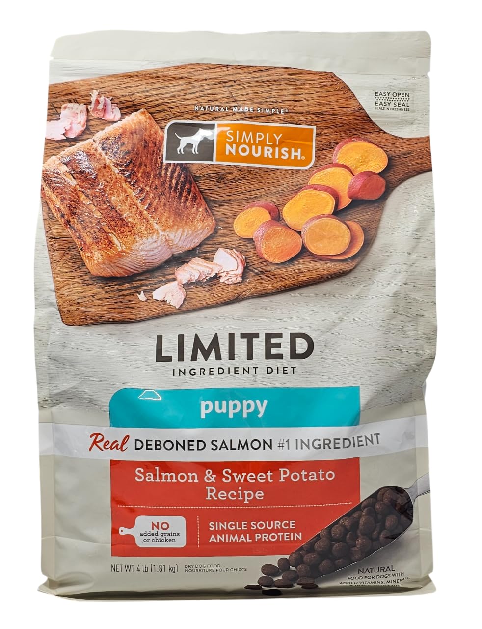 SIMPLY NOURISH puppy salmon-sweet-potato dry dog food bag ready for pantry storage.