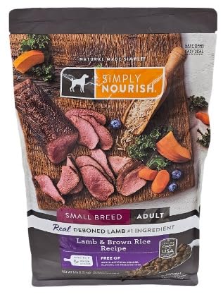 Simply Nourish small-breed dry dog food bag with resealable closure supports storage.