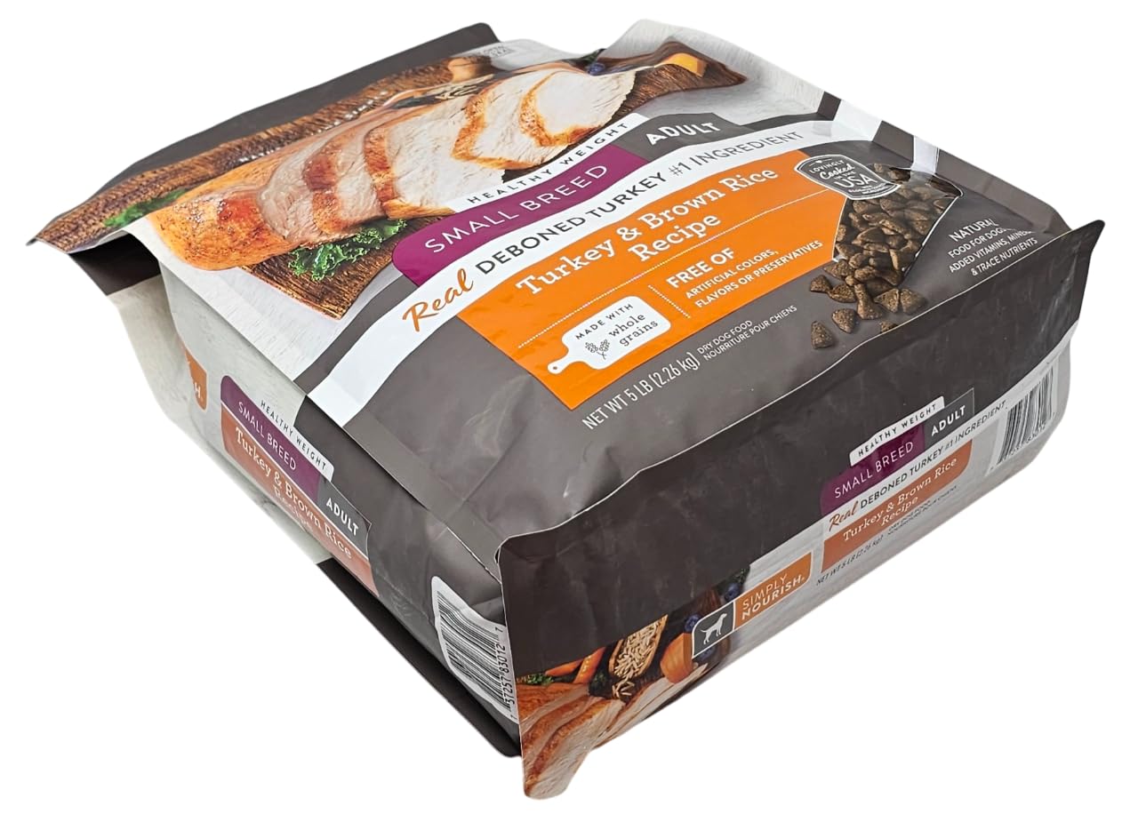 SIMPLY NOURISH small breed healthy weight serving portion illustrating resealable bag for fresh storage.
