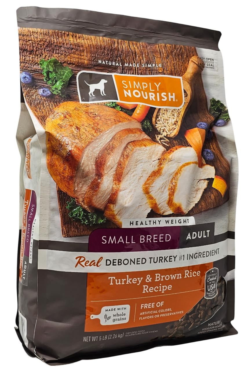 SIMPLY NOURISH turkey and brown rice dry dog food bag back highlighting feeding guidelines for weight maintenance.