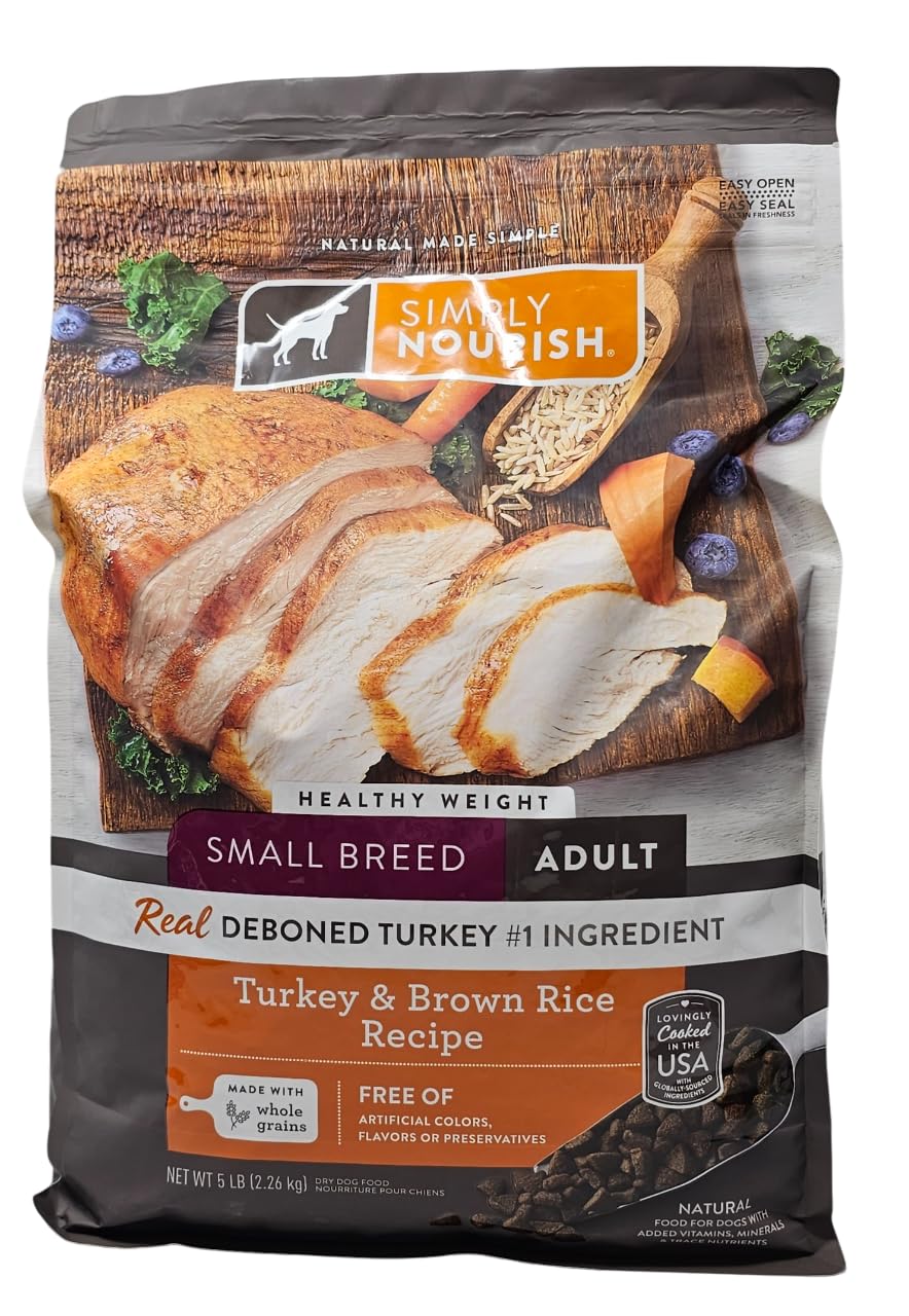 SIMPLY NOURISH small breed healthy weight turkey kibble bag front emphasizing first ingredient turkey and weight management.