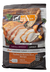 SIMPLY NOURISH small breed healthy weight turkey kibble bag front emphasizing first ingredient turkey and weight management.