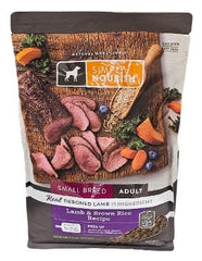 Simply Nourish small-breed lamb and brown rice dry dog food bag front for easy shopping.