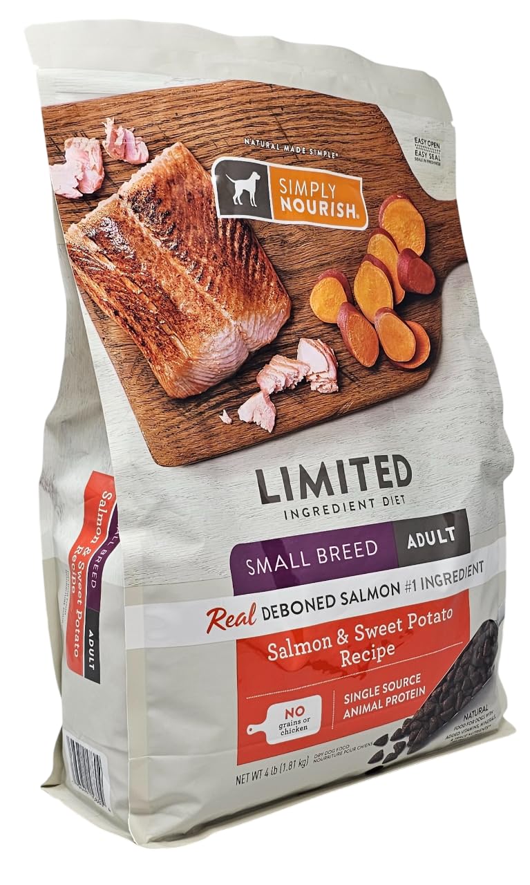 SIMPLY NOURISH small-breed salmon kibble close-up showing first-ingredient salmon