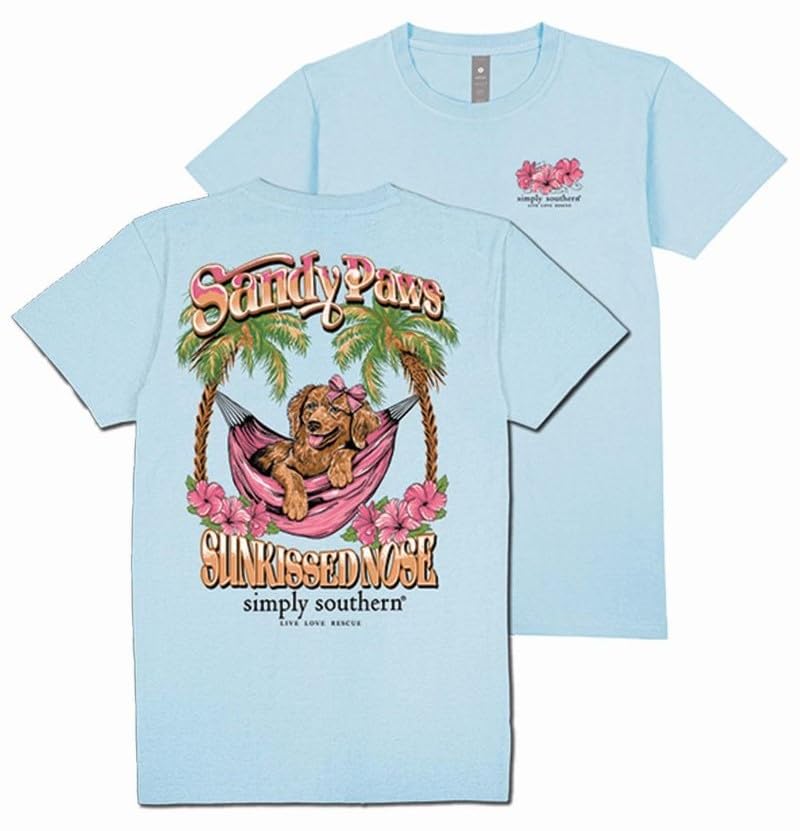 Simply Southern Sandy Paws back design on ICS Blue tee with palm trees and dog illustration for style.