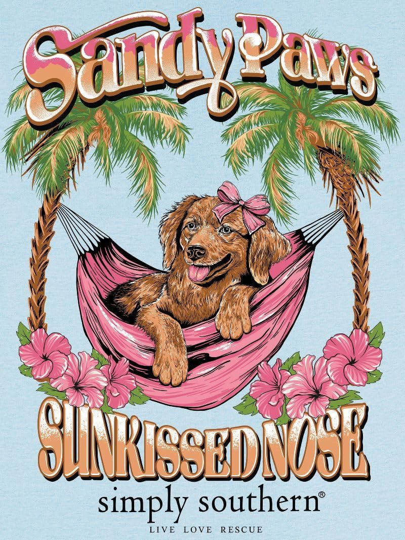 Simply Southern Sandy Paws front logo on ICS Blue tee highlighting logo details and coastal vibe.