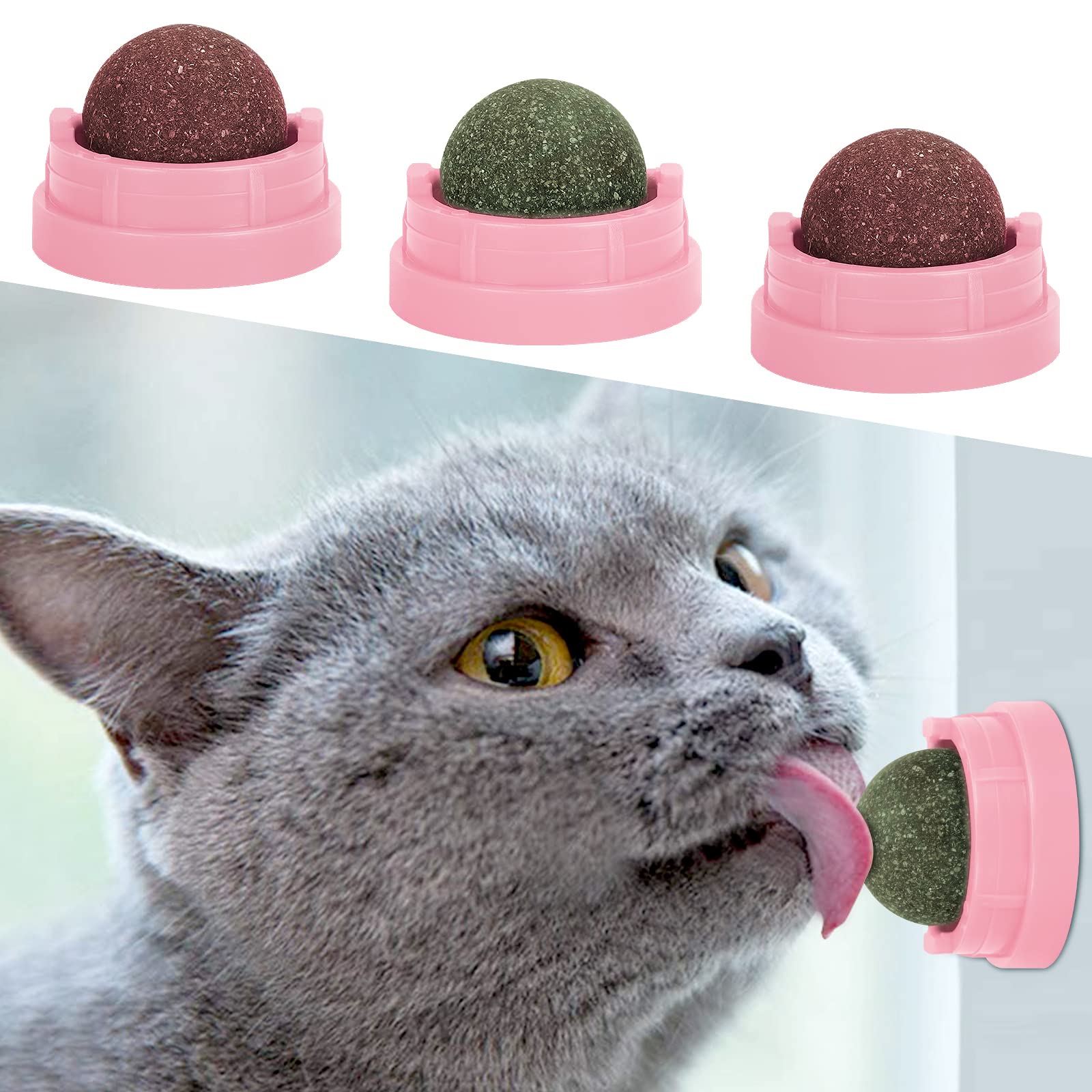 SINROBO catnip balls on pink wall showing strong adhesion for engaging wall play