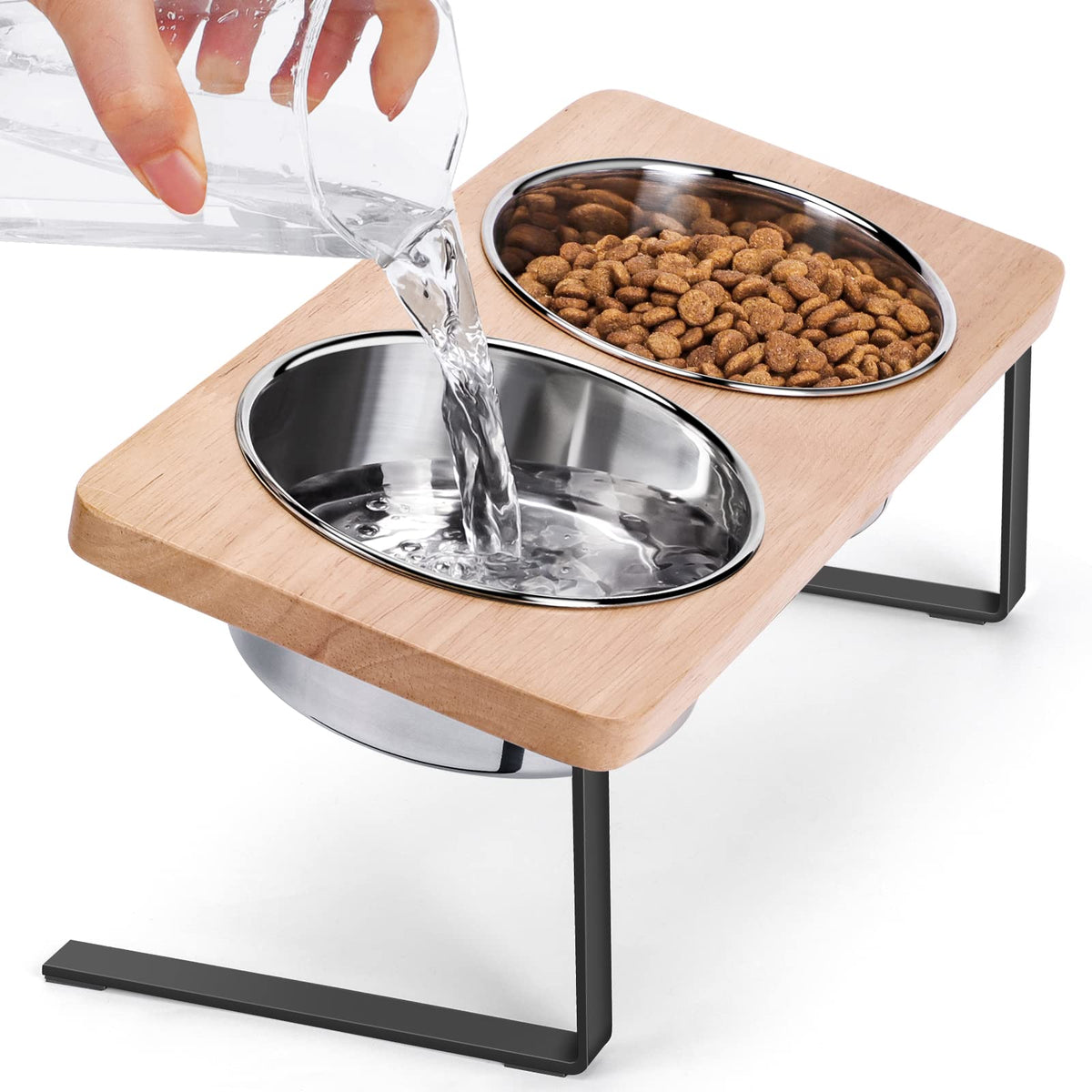 Siooko elevated cat bowls stand shows sturdy wood base and comfortable feeding posture.