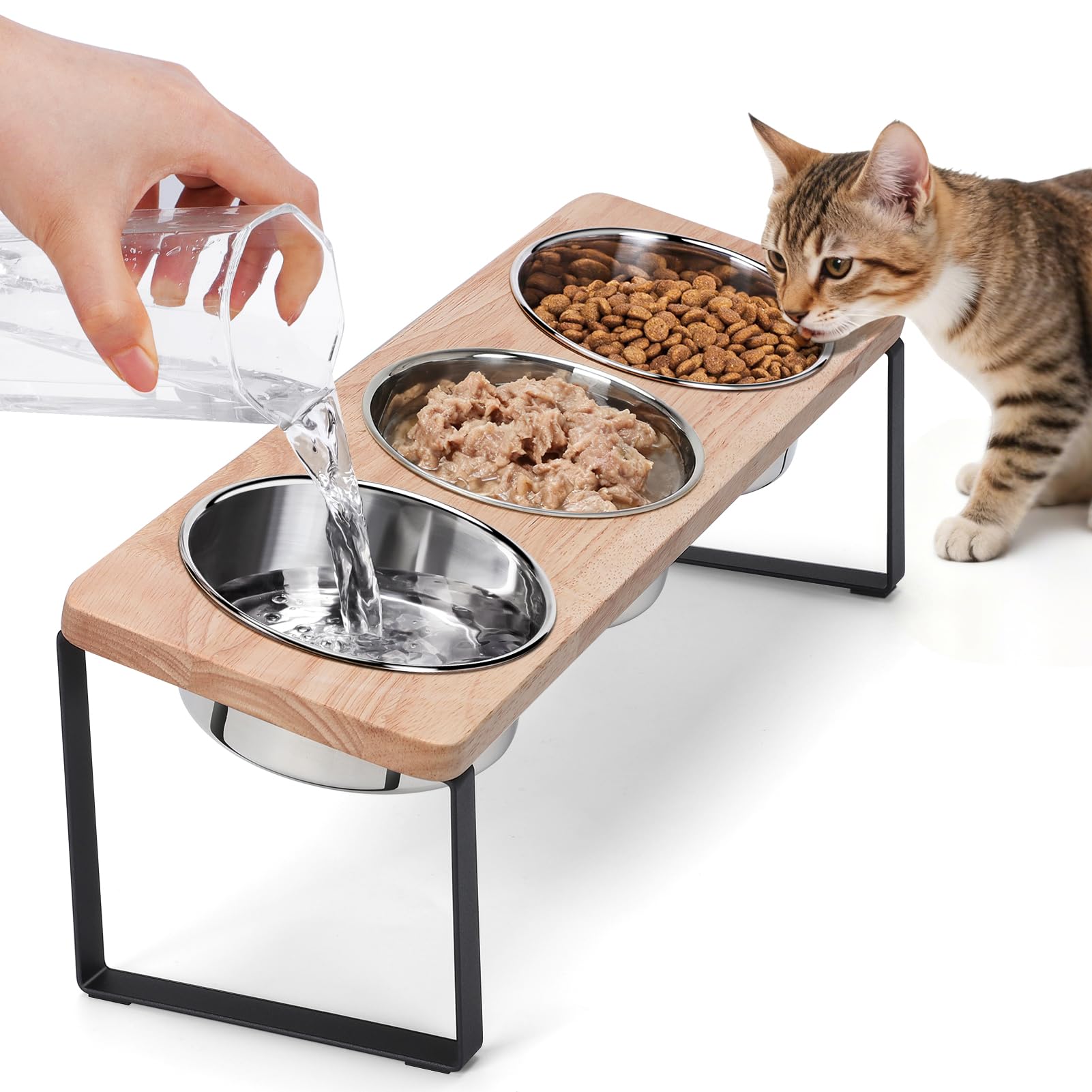 Siooko elevated cat bowls with wood stand front view for comfortable feeding posture