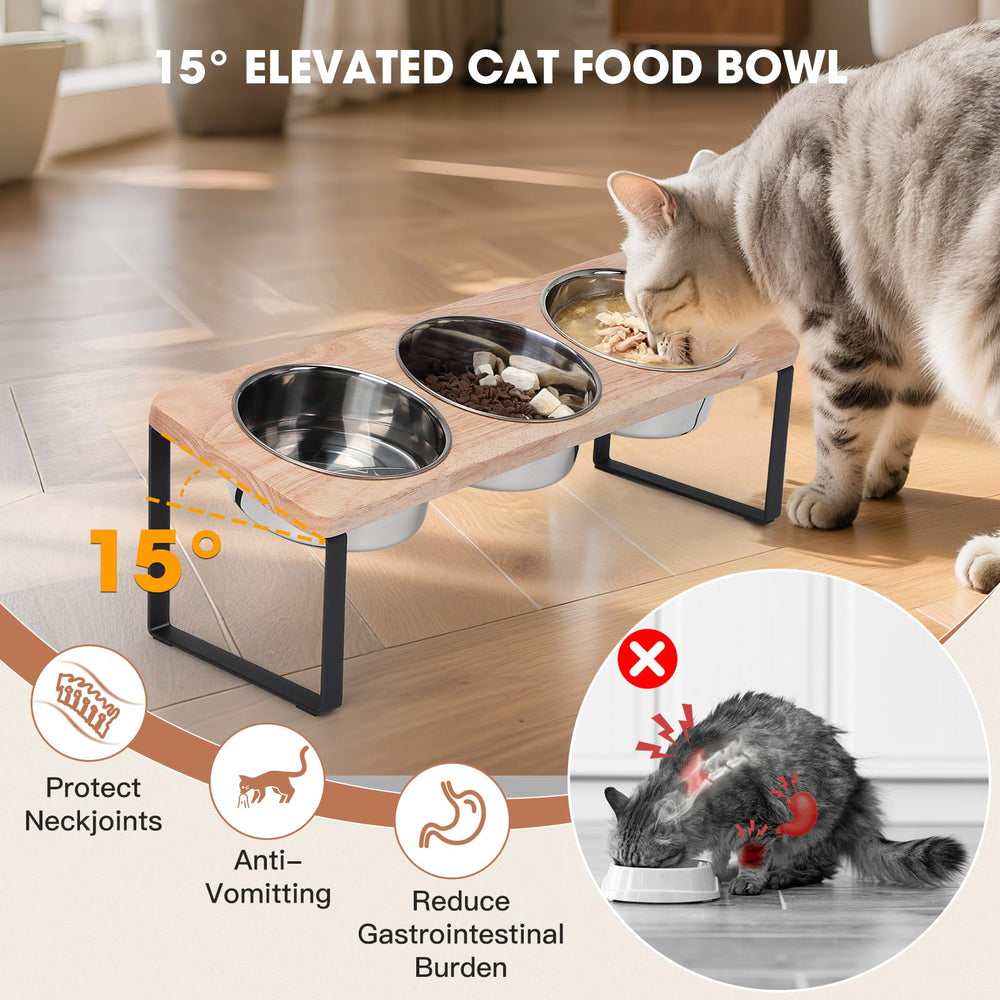 Siooko elevated cat bowls wood stand side view shows 15 degree tilt for easier feeding