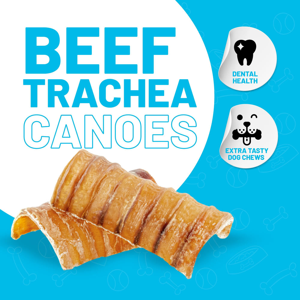 Split-detail close-up of Sitka Farms beef trachea canoes—halved chews for small dogs