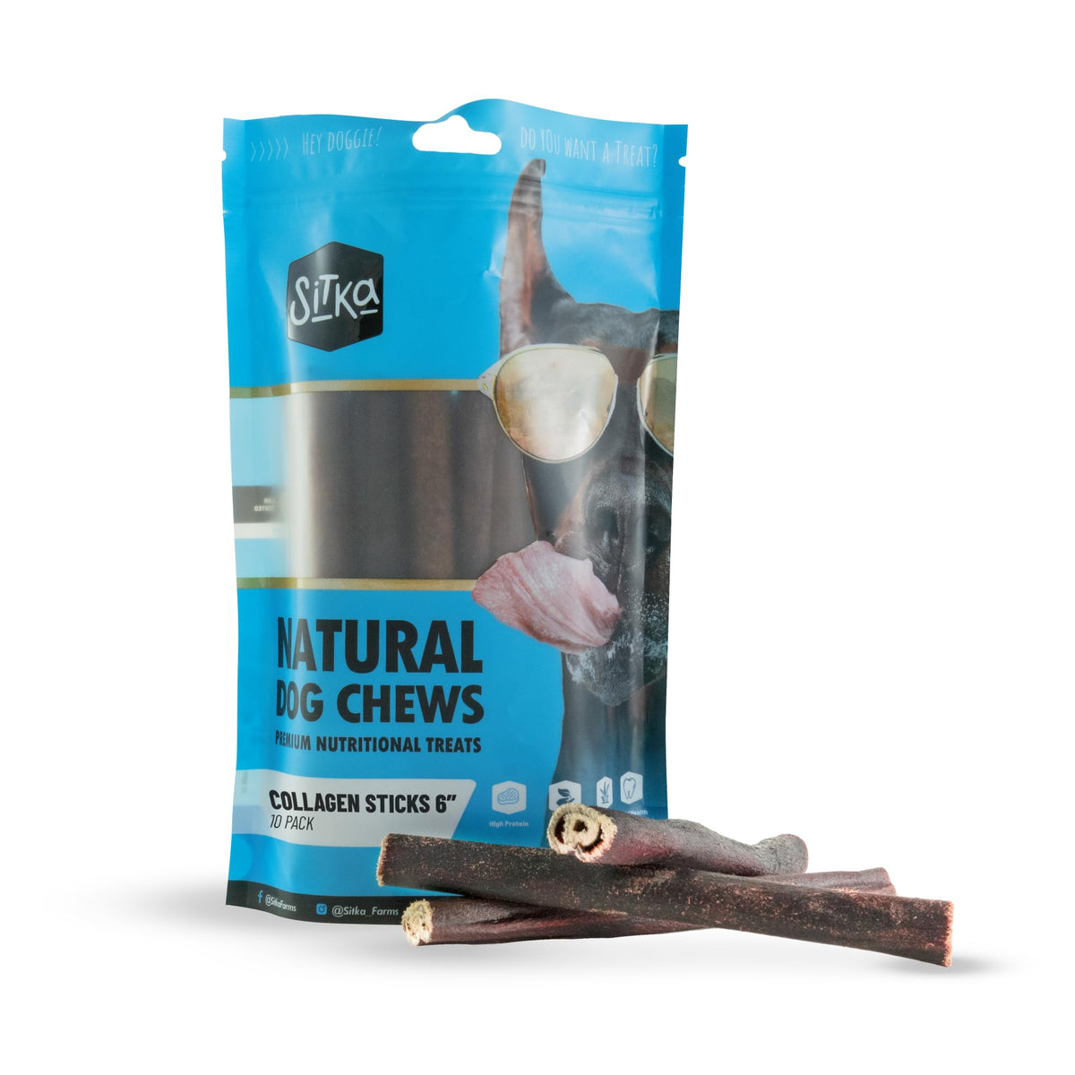 Sitka Farms collagen stick dog packaging highlights no raw hide for a safer chew.