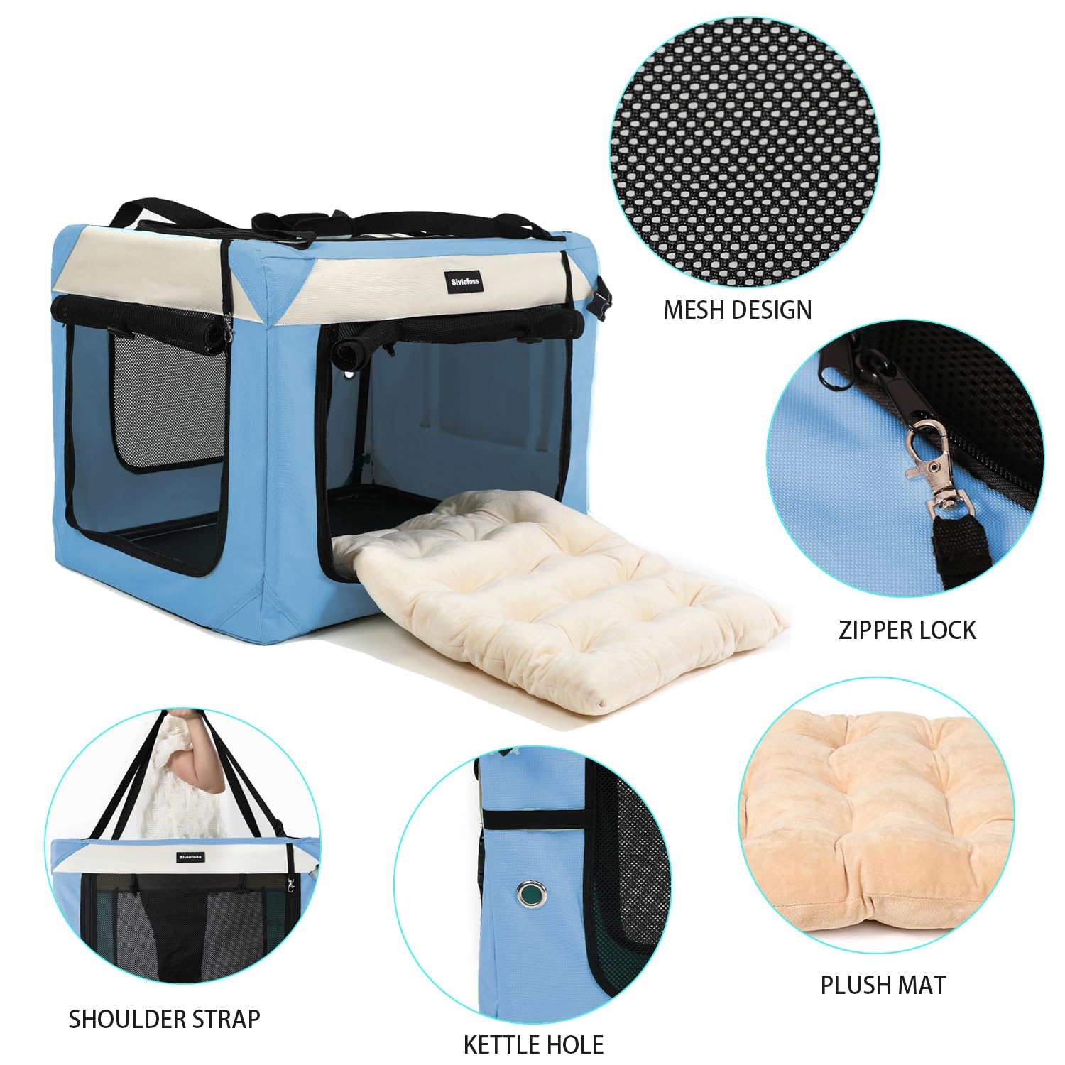 Sivlefoss sky-blue soft-sided kennel features washable cover and plush pillow for comfort.