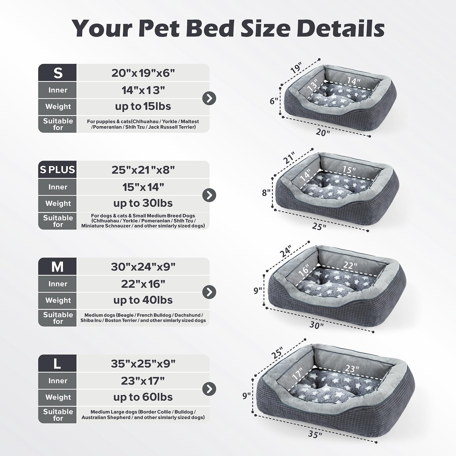 SIWA MARY Large bed outer 30x24x9 with inner 22x16 fits dogs up to 40lbs.
