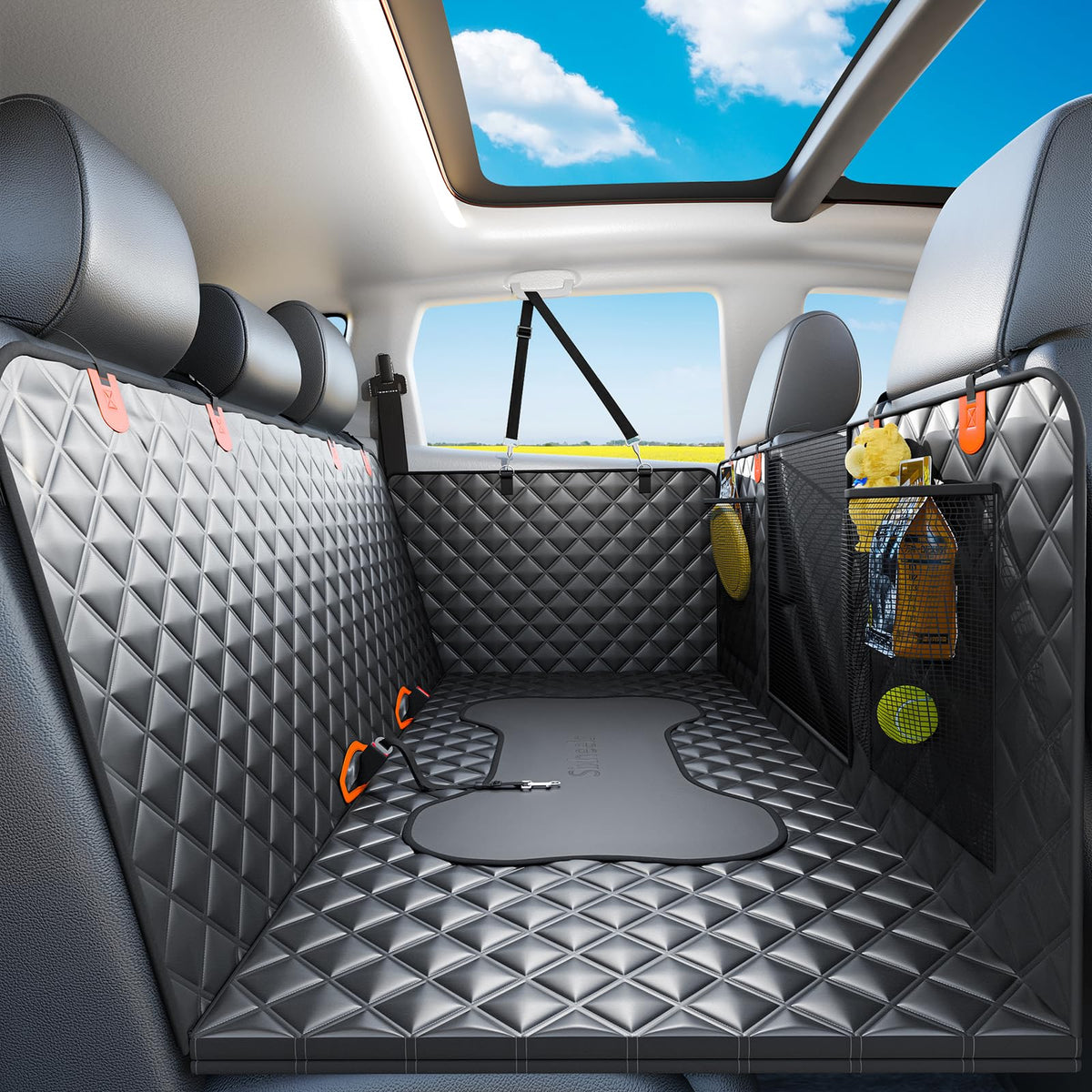Sixheels dog car seat cover shows extended backseat space for travel.