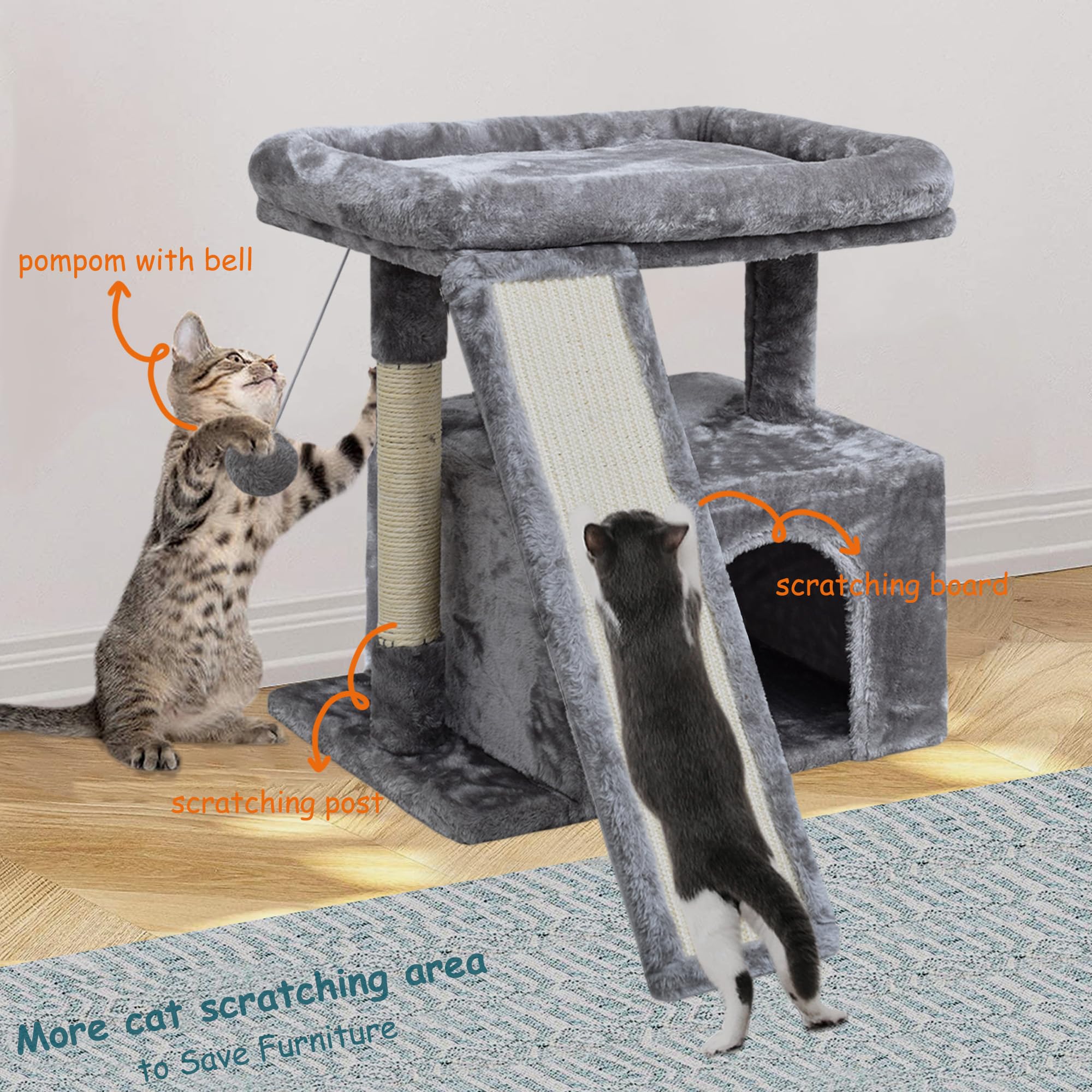 SIYIPURR cat tower with perch offers a cozy bed for naps and outdoor watching.