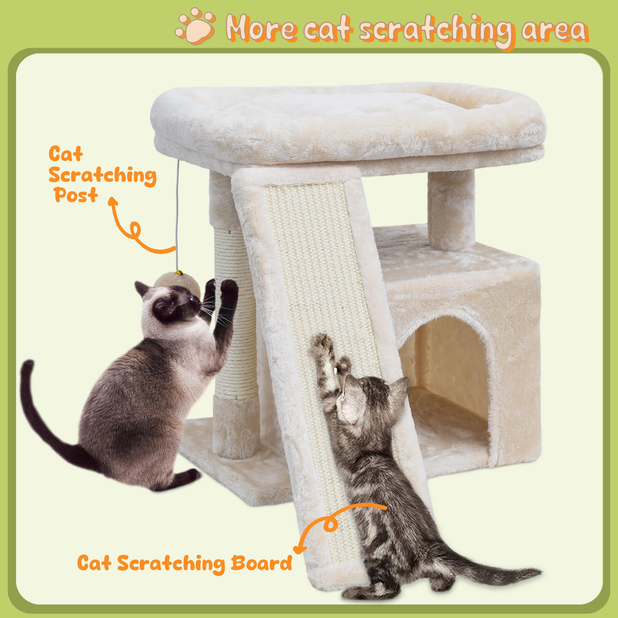 SIYIPURR cat tree shows sisal scratching board detail for durable, cat-friendly scratching.