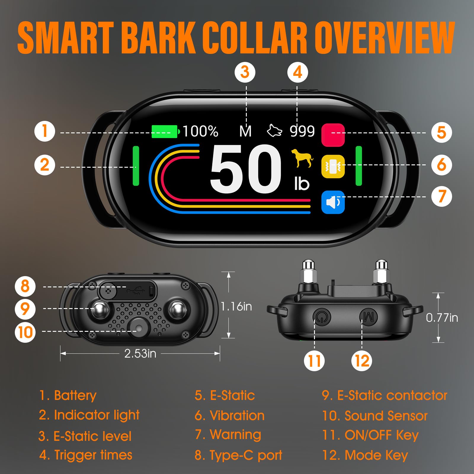 SKBAK smart bark collar close-up highlights durable construction.
