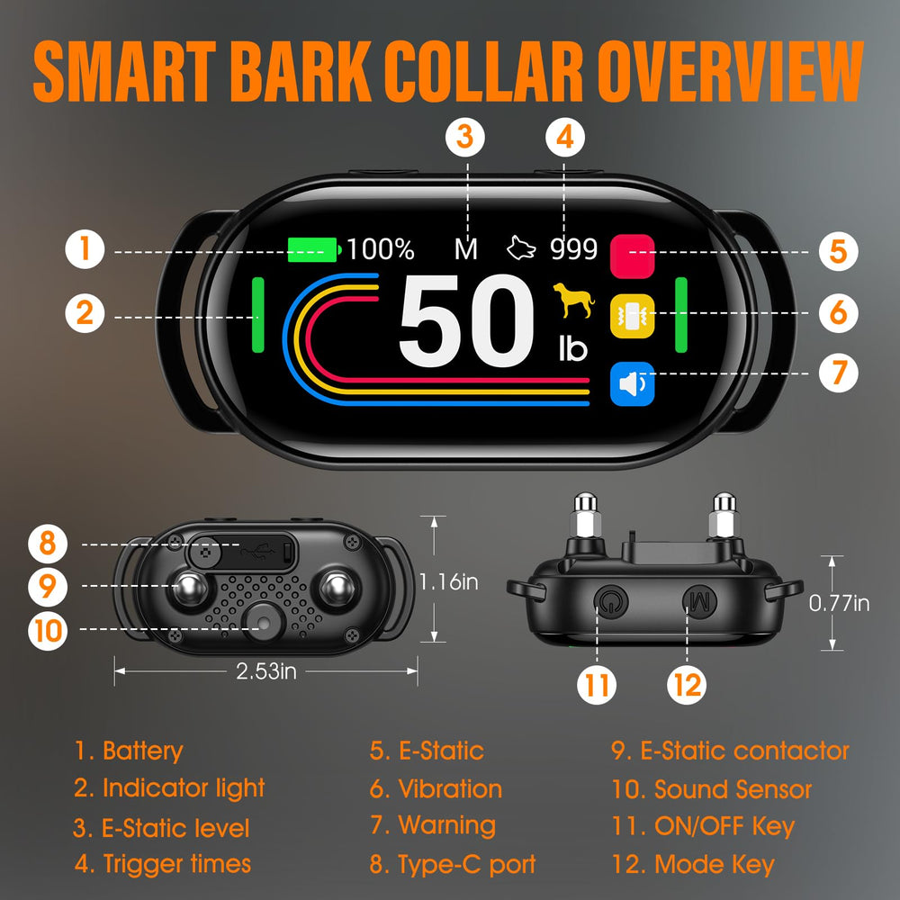 SKBAK smart bark collar close-up highlights durable construction.