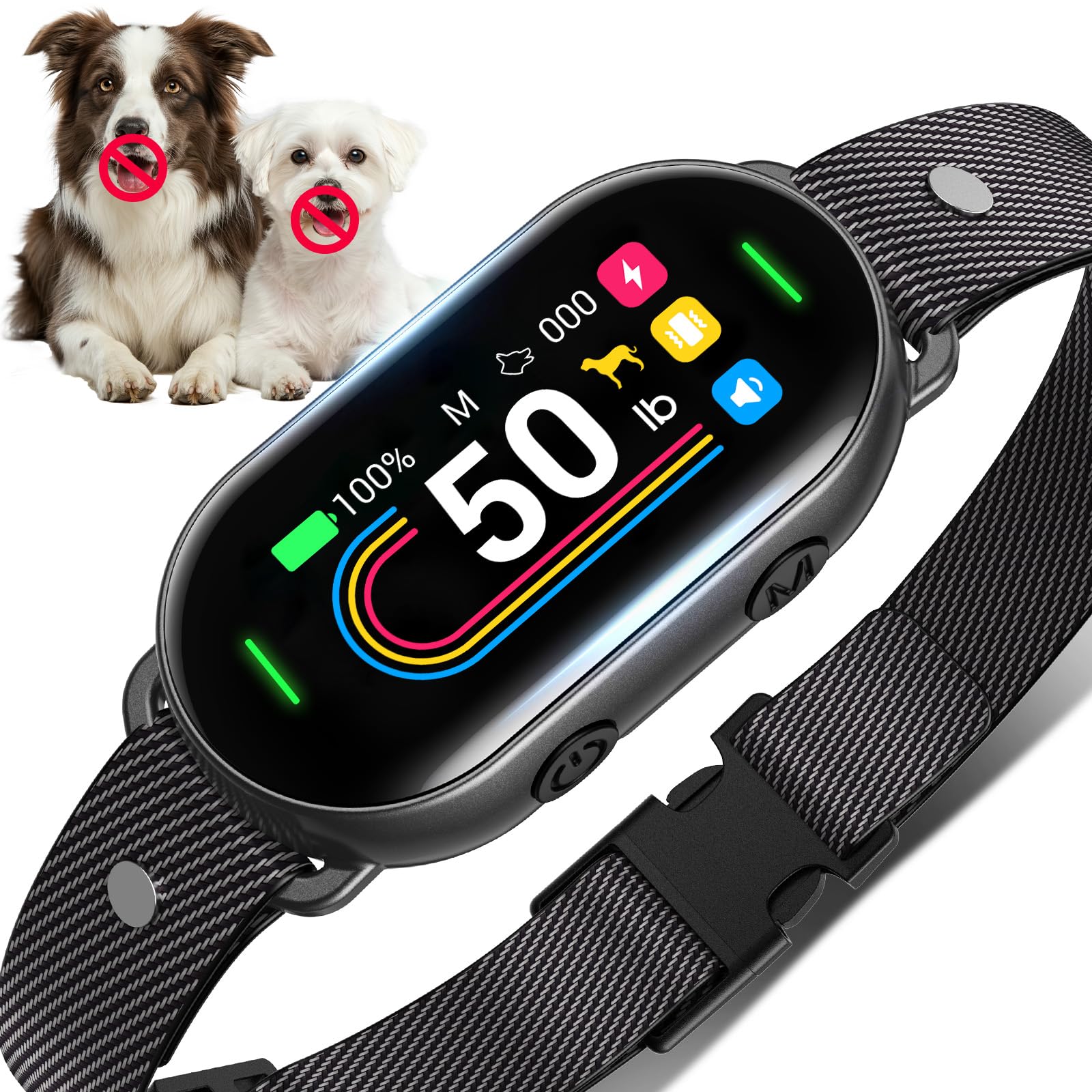 SKBAK Smart Dog Bark Collar on a dog's neck with TFT display showing real-time training progress.