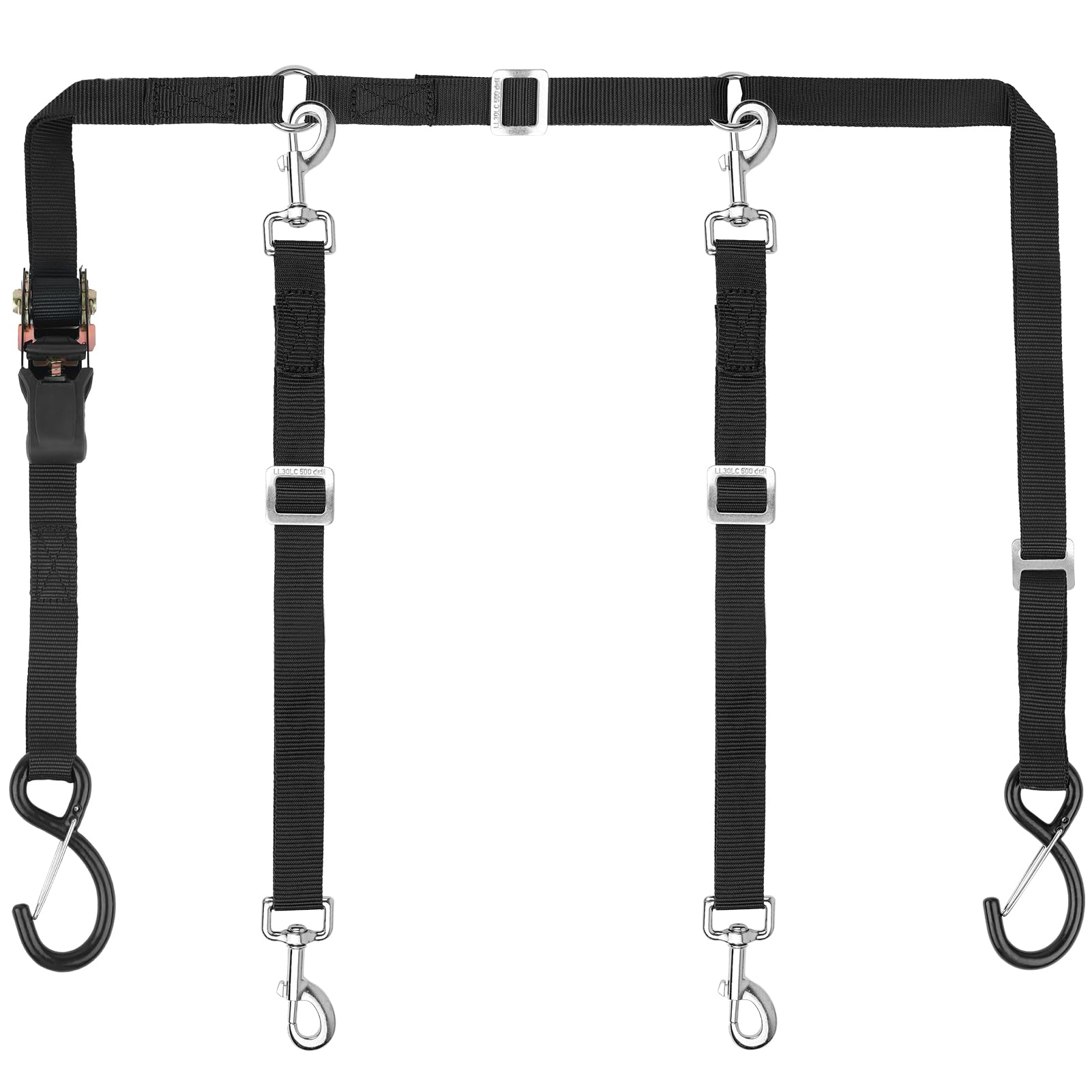Skipwall truck bed dog tether adjustable fit illustration for two dogs in transit safety.