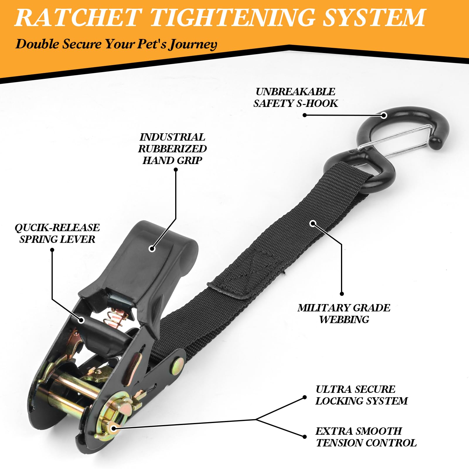 Skipwall dog tether with ratchet tightening shown securing a large dog on a truck bed.
