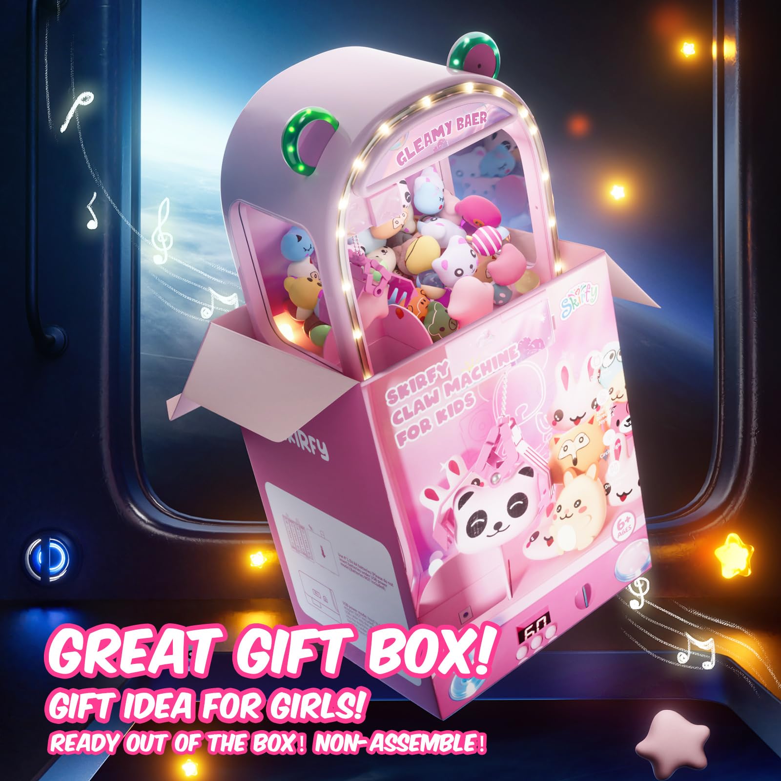 Skirfy kids claw machine refillable with USB power option.