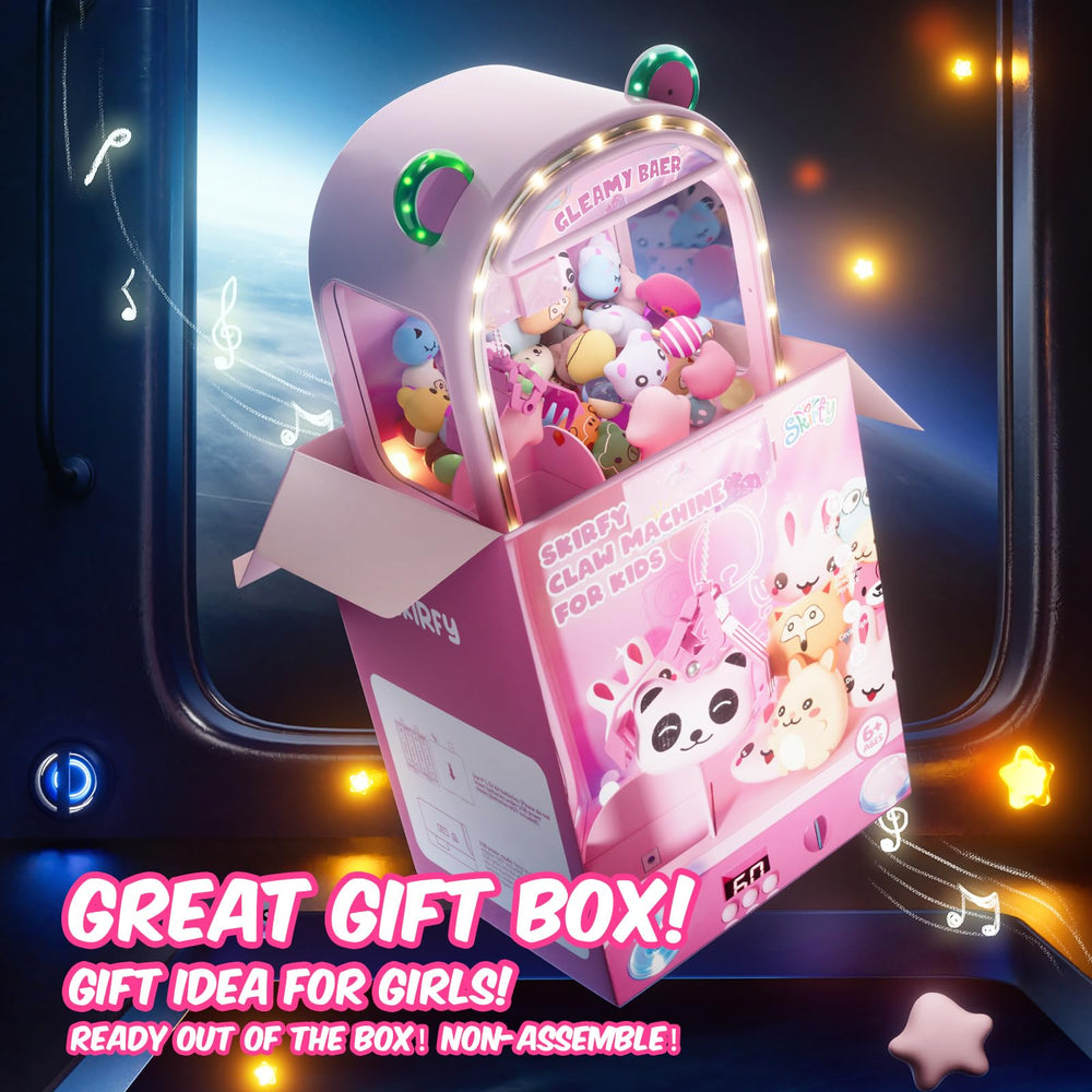 Skirfy kids claw machine refillable with USB power option.