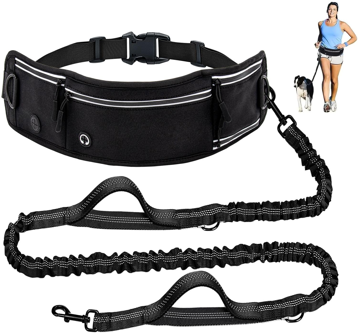 Skmeditec hands-free dog leash waist-bag setup enables hands-free control for large-dog walks.
