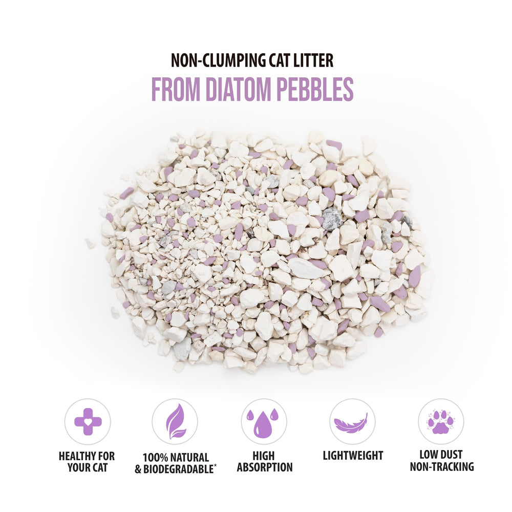 Skoon lavender low-tracking litter—keeps floors clean with minimal paw print transfer.