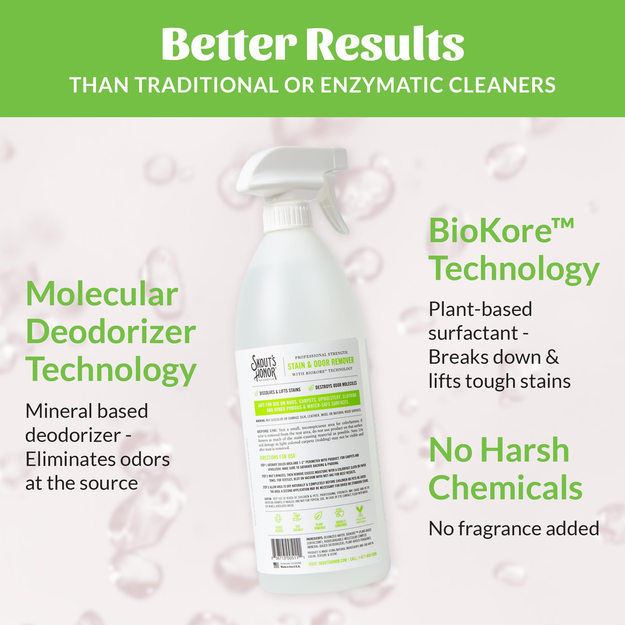 Skout's Honor carpet odor removal solution applied to carpet fibers