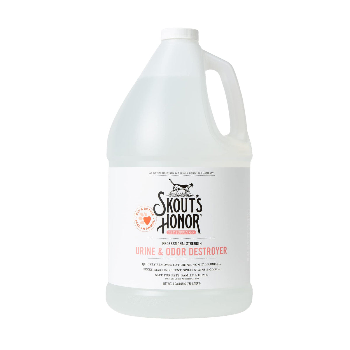 Skout's Honor Cat Urine & Odor Destroyer bottle front shows powerful stain removal for pets.